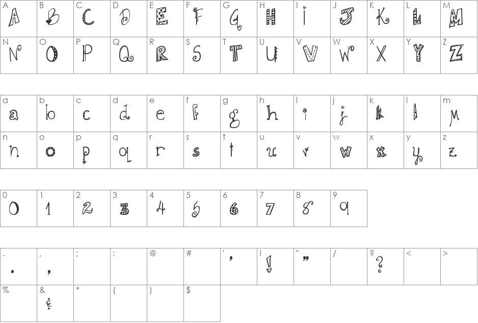 DJB DOODLIE BEANS font character map preview