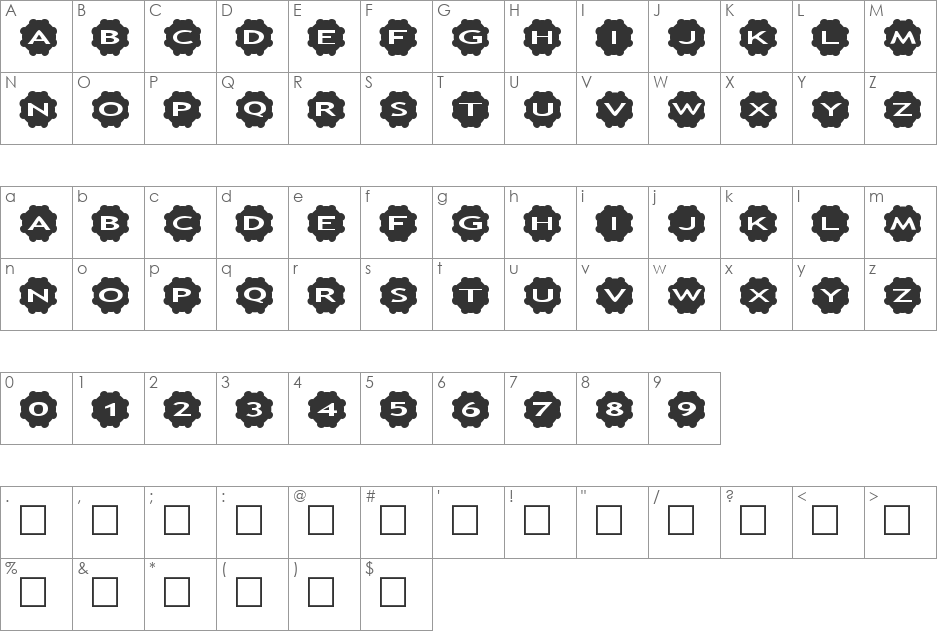 AlphaShapes gears 2 font character map preview