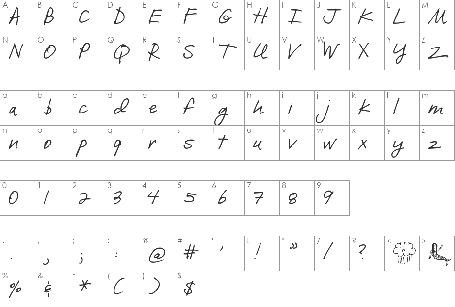 DJB I Love Me Some Brook font character map preview