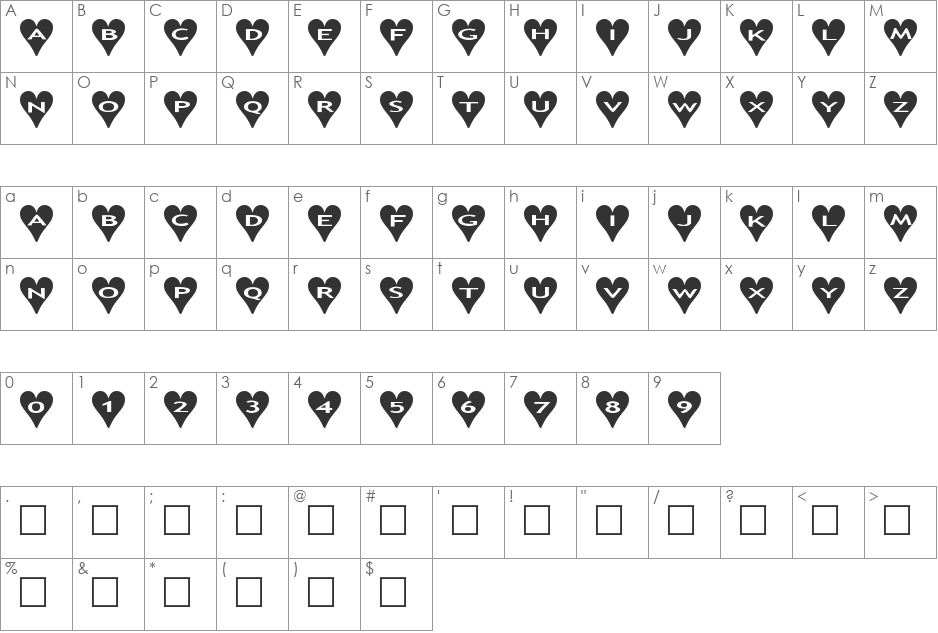 AlphaShapes hearts font character map preview