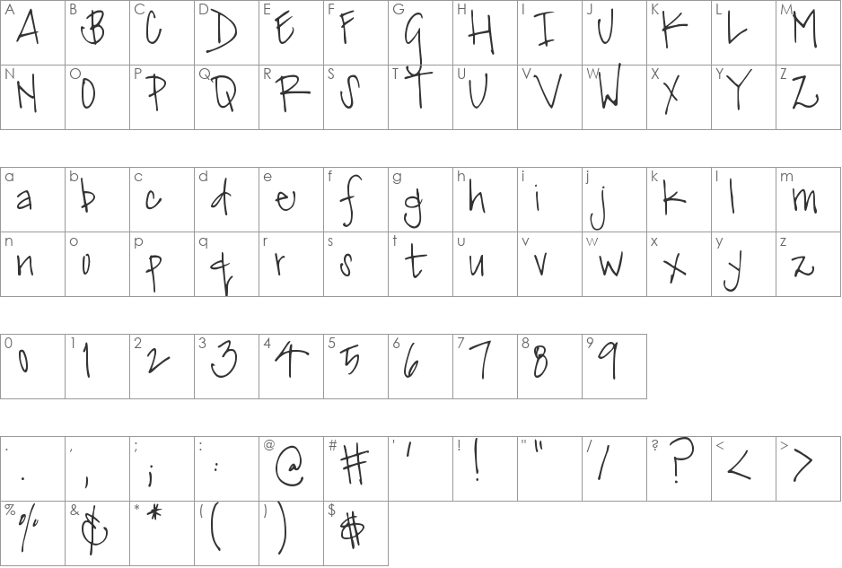 DJB Miss Jinkie Van Pelt font character map preview