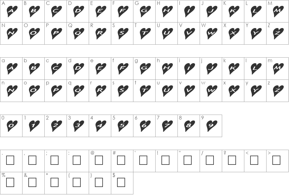 AlphaShapes hearts 2a font character map preview