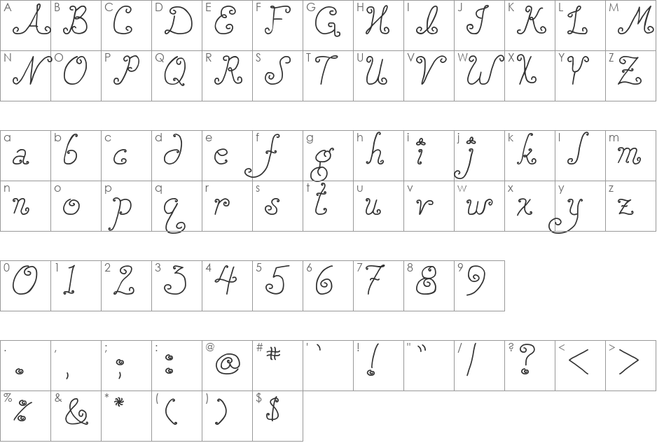 DJB SQUIRLY Q font character map preview
