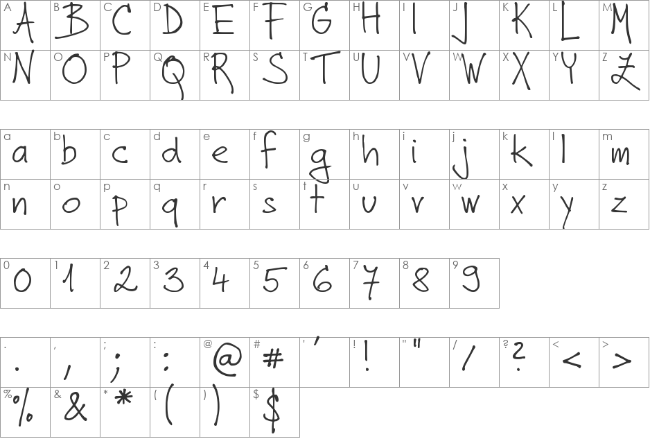 DJB Zora Prints font character map preview