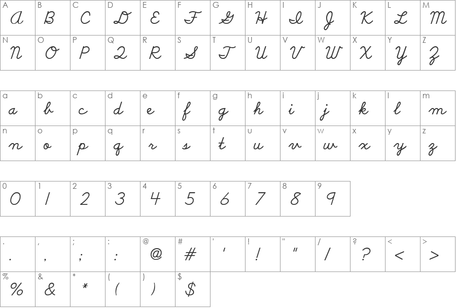 DnealianCursive font character map preview