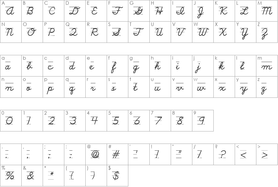 DnealianCursiveLined font character map preview