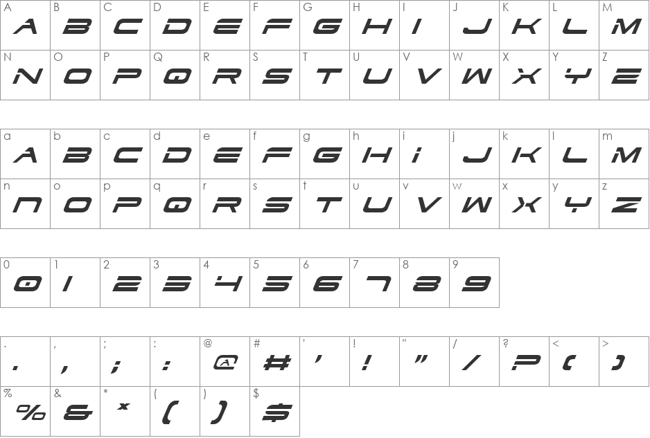 Dodger Italic font character map preview