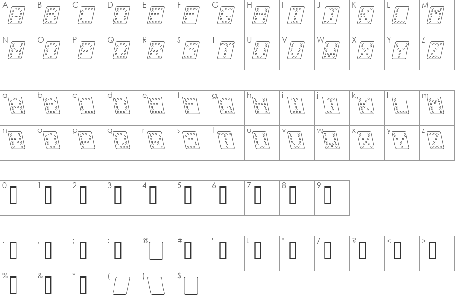 Domino bred kursiv omrids font character map preview
