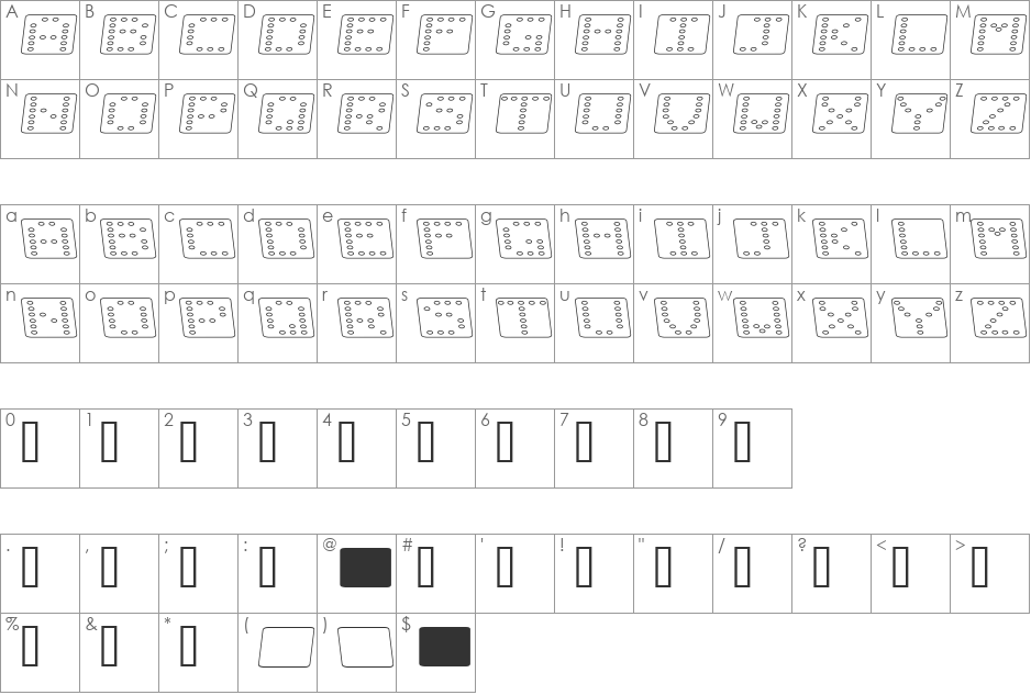 Domino flad kursiv omrids font character map preview