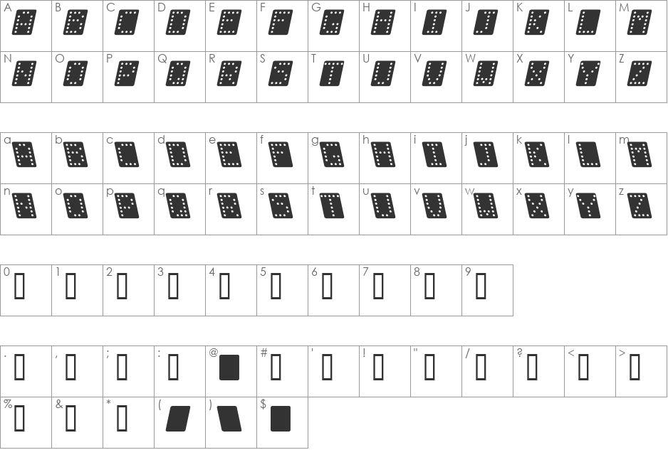 Domino normal kursiv omrids font character map preview