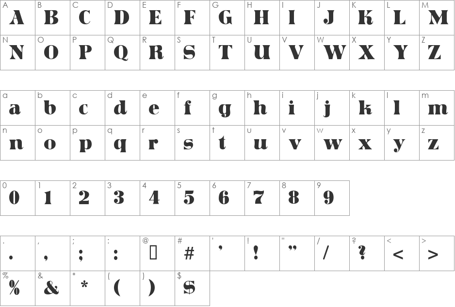 Domino Shadow font character map preview