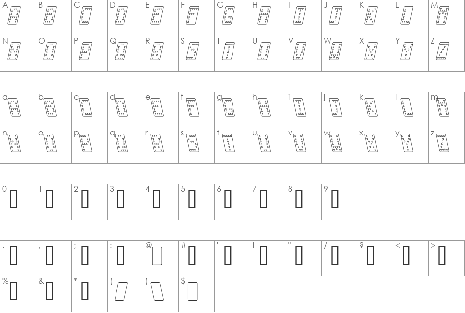 Domino smal kursiv omrids font character map preview