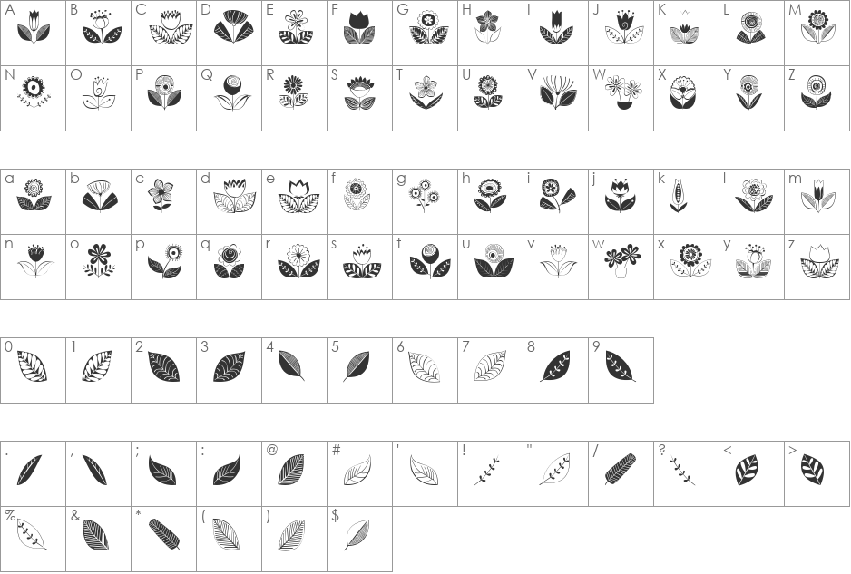 DoodleDings 2 RetroFlowers font character map preview