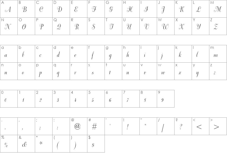 DorchesterScriptMT font character map preview