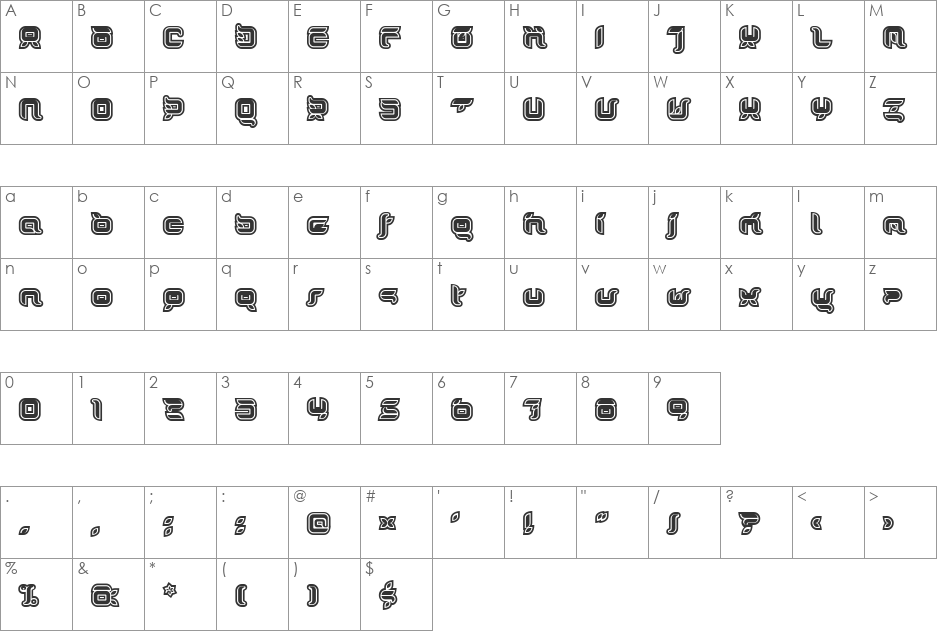 Doris OrangeOutline font character map preview