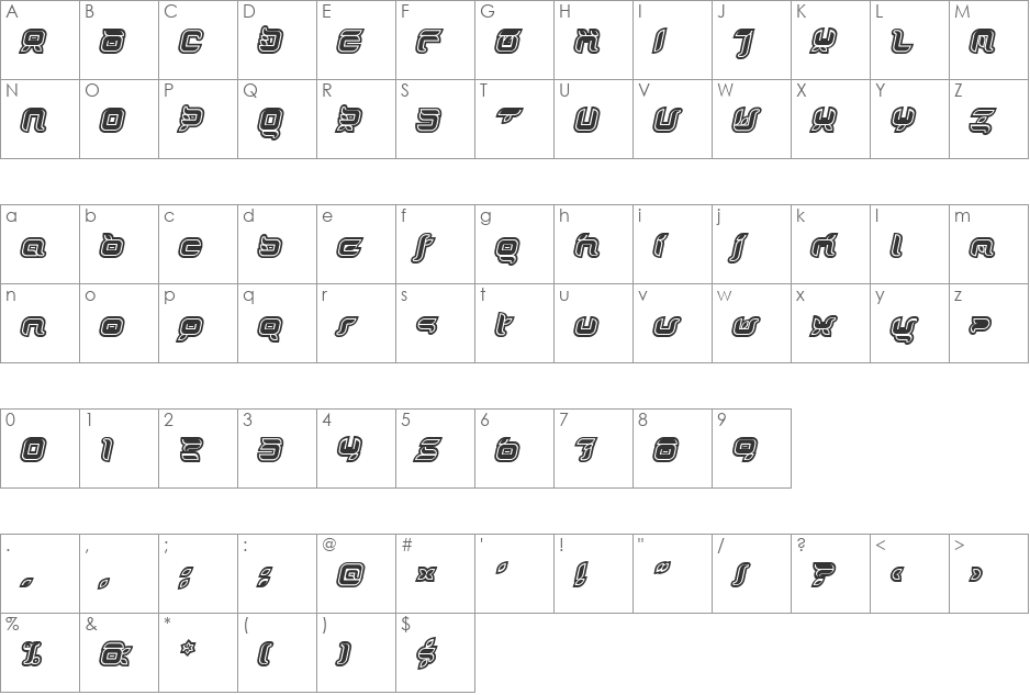 Doris OrangeOutlineItalic font character map preview