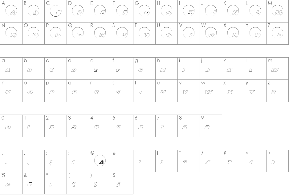 Dot.com Outline font character map preview