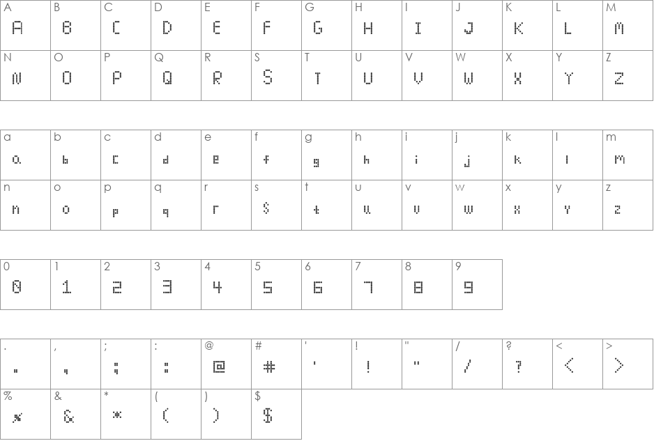 Dotza font character map preview