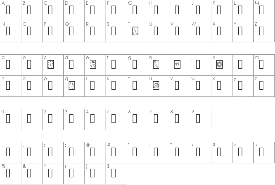 Dover Sun, Planets, Stars font character map preview