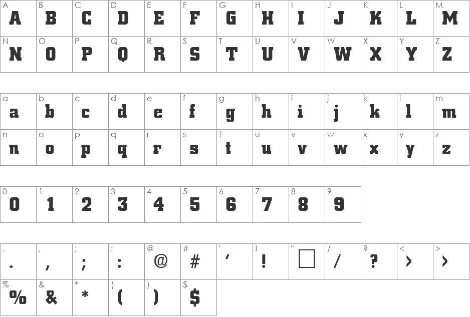 Downtown font character map preview