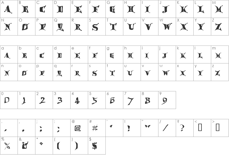 Draggletail font character map preview