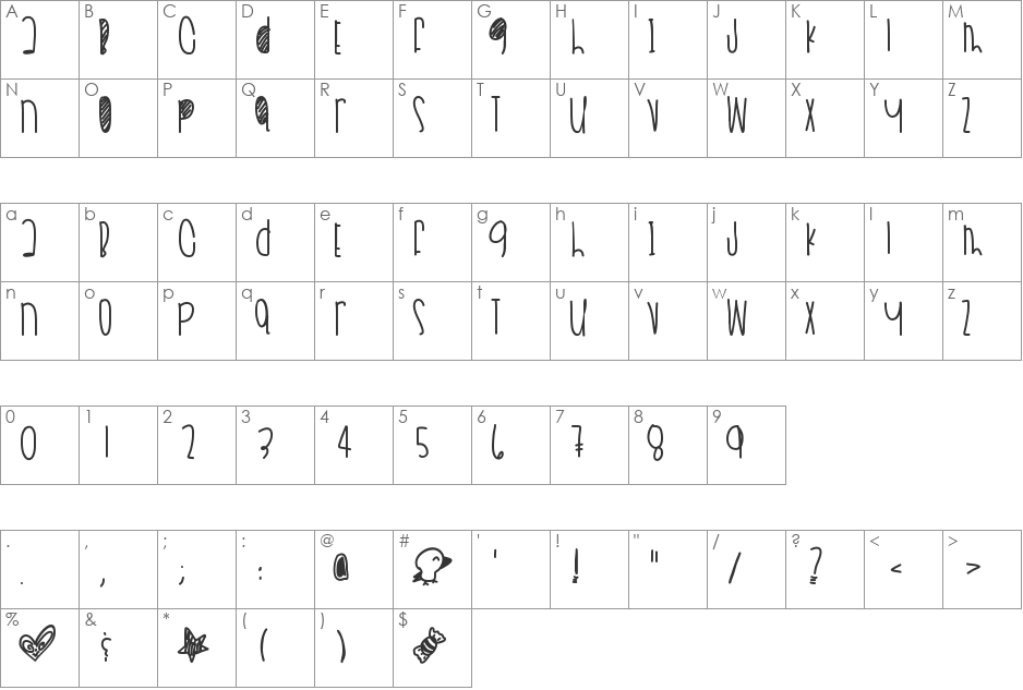 DreamieEyesInStars font character map preview