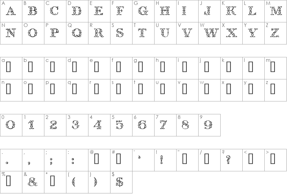 Dressmaker font character map preview