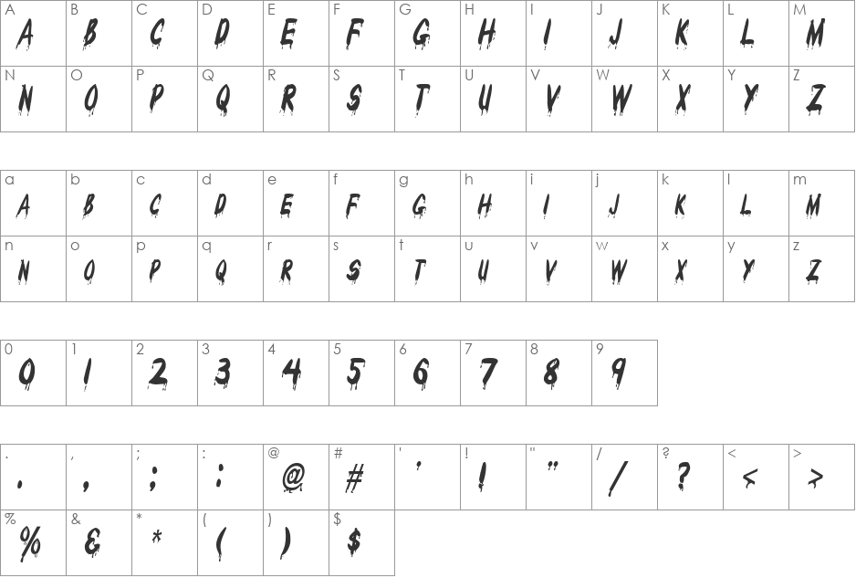 Drips-Condensed font character map preview