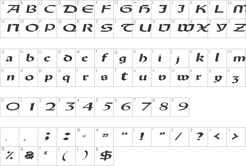 DriscollSSK font character map preview