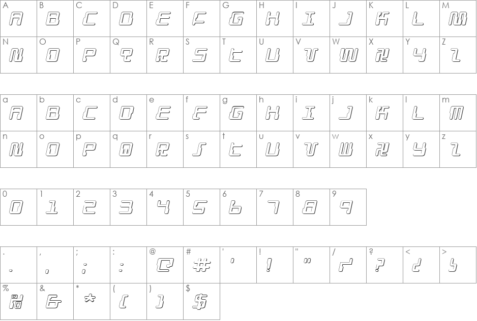 Droid Lover 3D Expanded Italic font character map preview