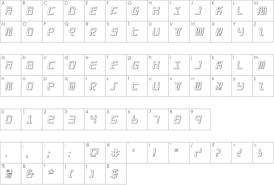 Droid Lover 3D Italic font character map preview