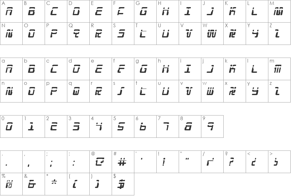 Droid Lover Laser Italic font character map preview