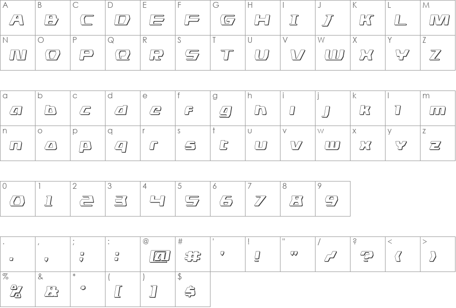 DS man 3D Semi-Italic font character map preview