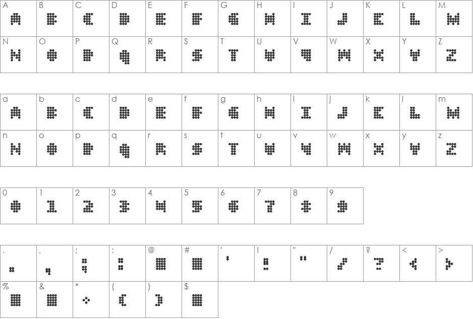 DT 104 in outbreak font character map preview