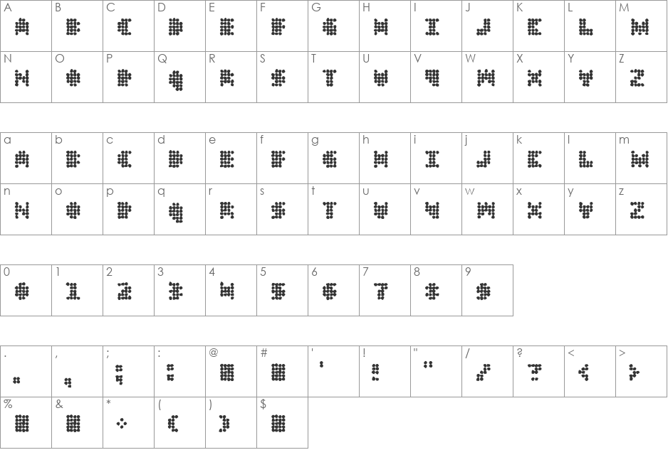 DT 104 in outbreak font character map preview