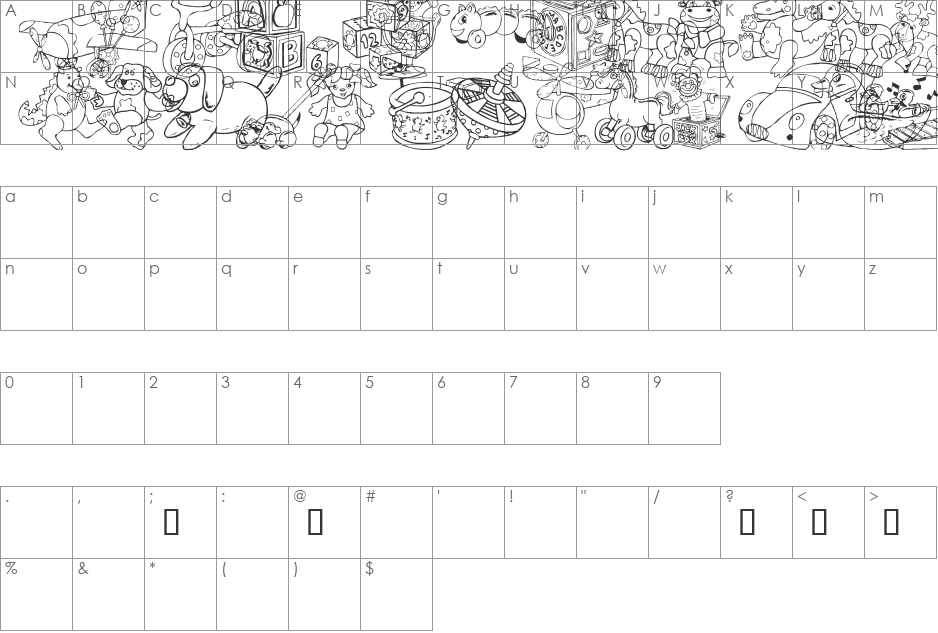 DT Rachels Toys font character map preview