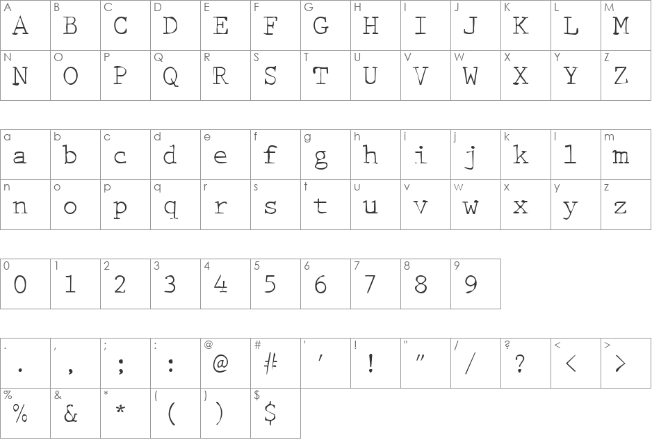 DTCDirtyM42 font character map preview