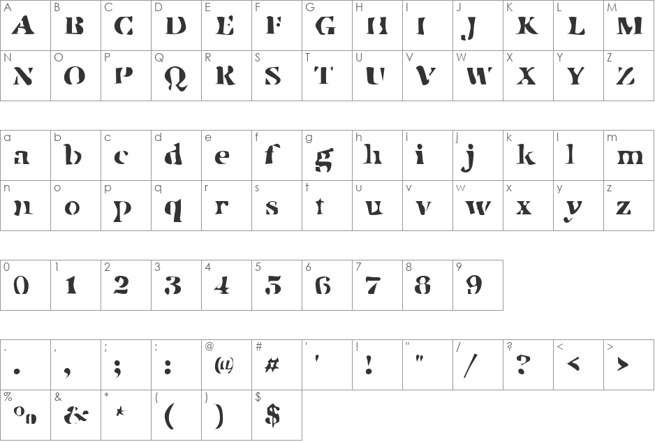 DTCDirtyM49 font character map preview
