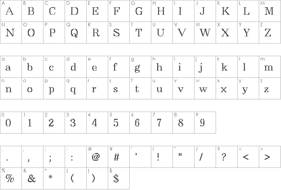 DTCRoughM32 font character map preview