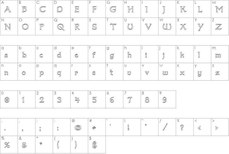 Dumbledor 1 Outline font character map preview