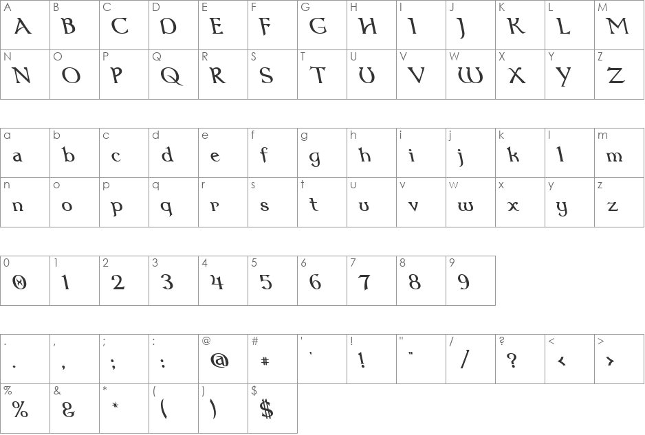Dumbledor 1 Rev Italic font character map preview