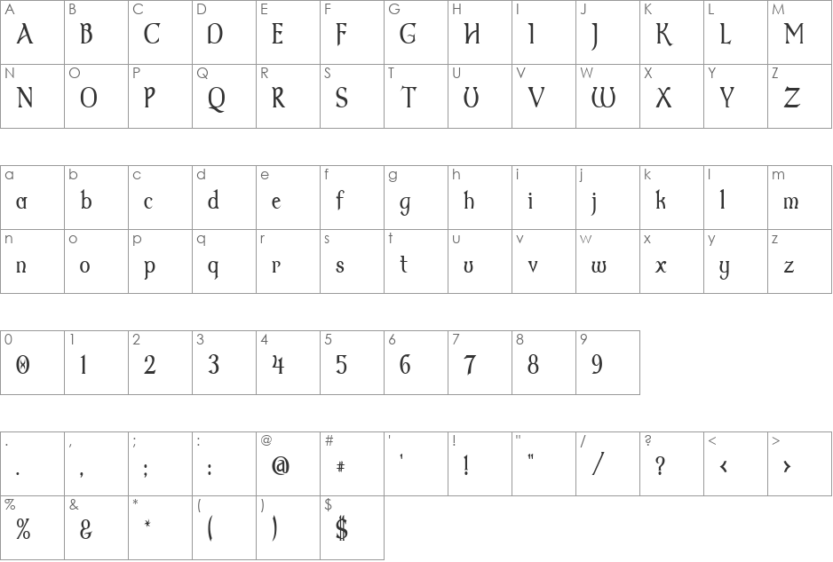 Dumbledor 2 Thin font character map preview