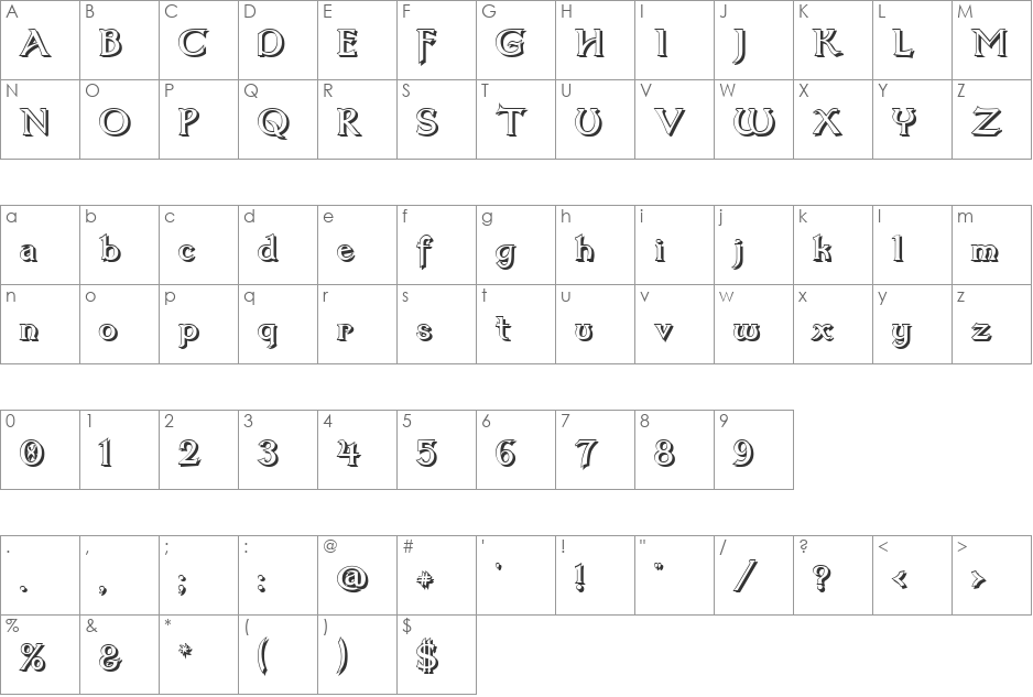 Dumbledor 3 Shadow font character map preview