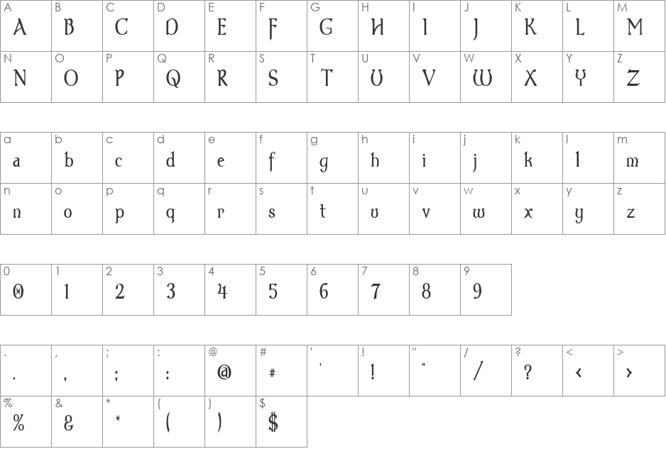 Dumbledor 3 Thin font character map preview