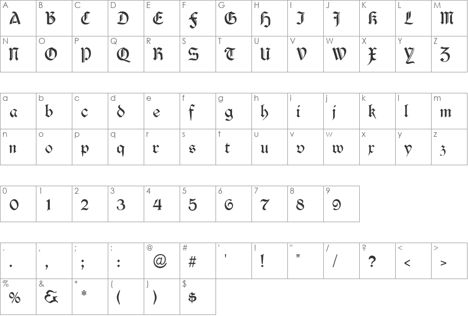 Durwent font character map preview