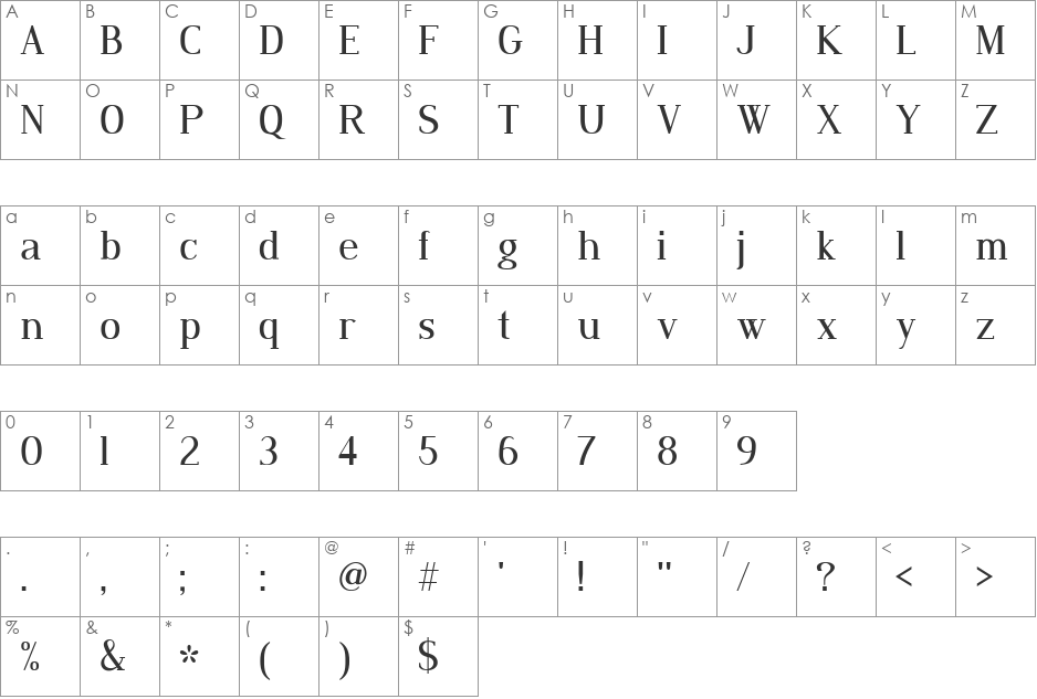 Dustismo Roman font character map preview