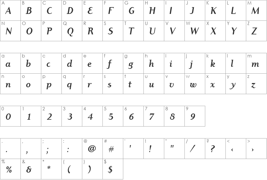 Dyadis ITC Book font character map preview