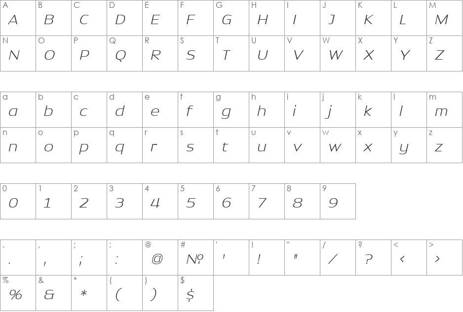 Dynasty Extra Light font character map preview