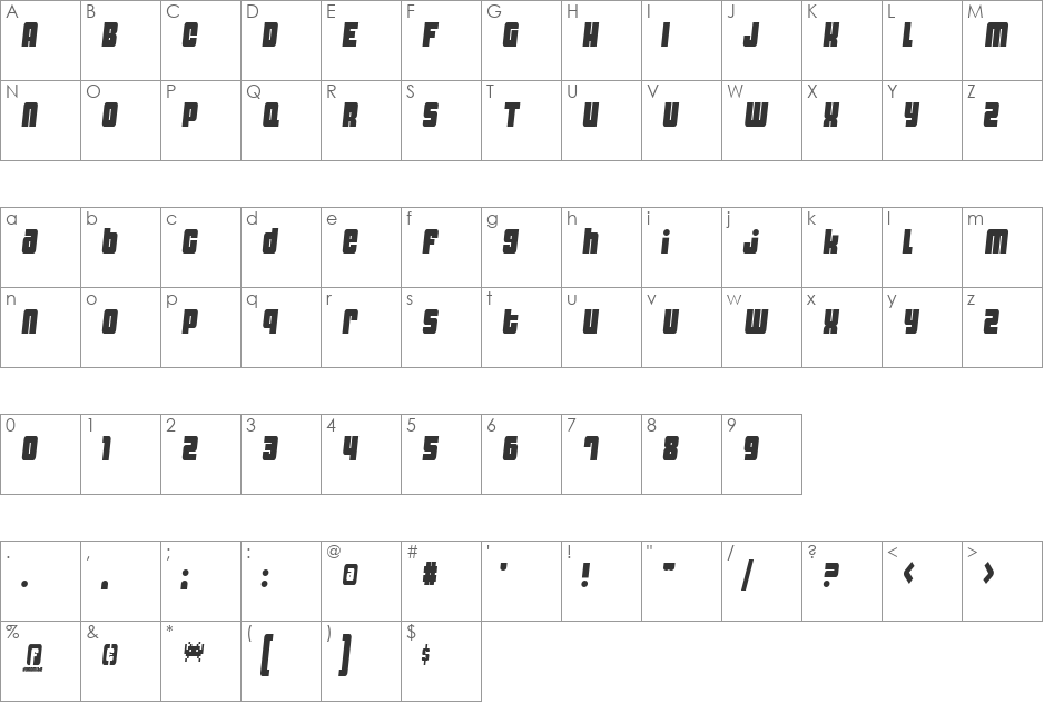 Dynomite Spark Thin font character map preview