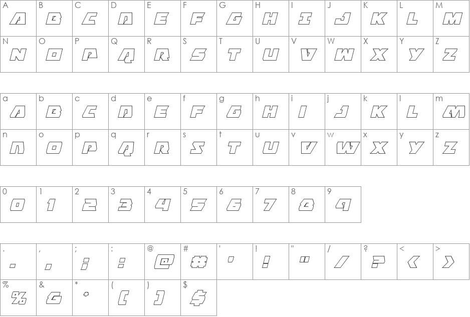 Eagle Strike Outline Italic font character map preview